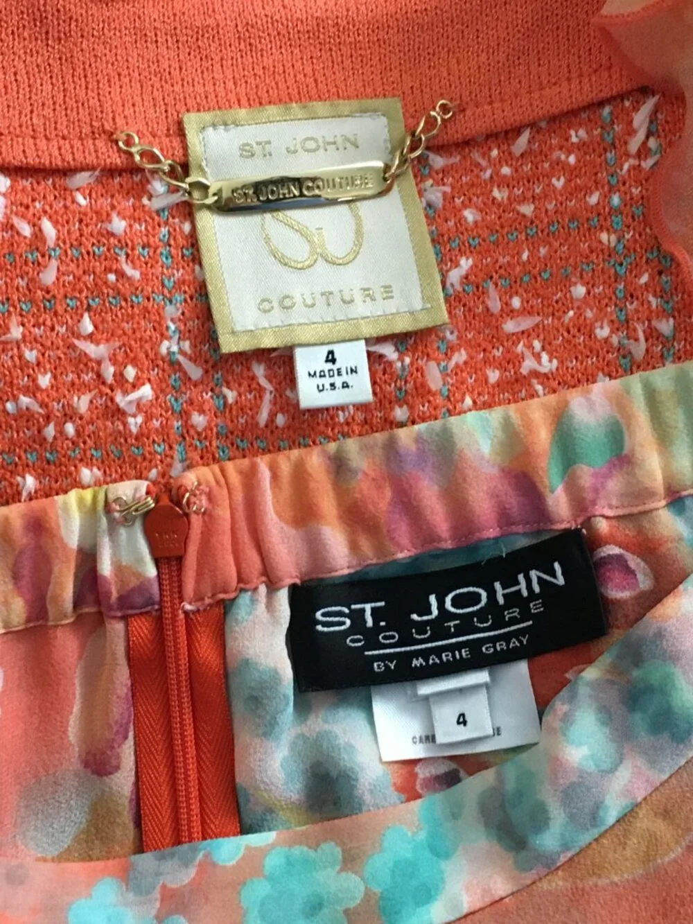 BEAUTIFUL St John couture knit couture coral multi jacket skirt suit size 4
